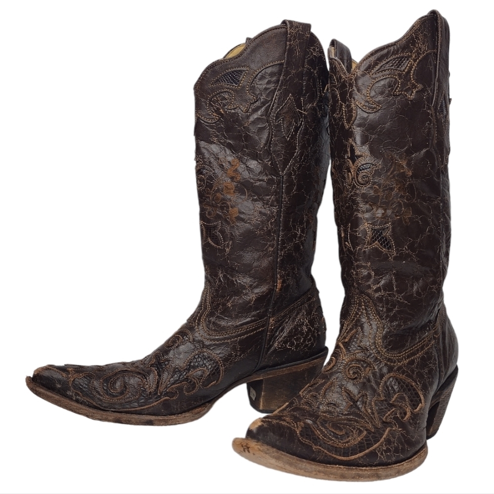 Corral Brown Leather Distressed Women's Boho Rodeo Cowboy Western Boots Size 8.5